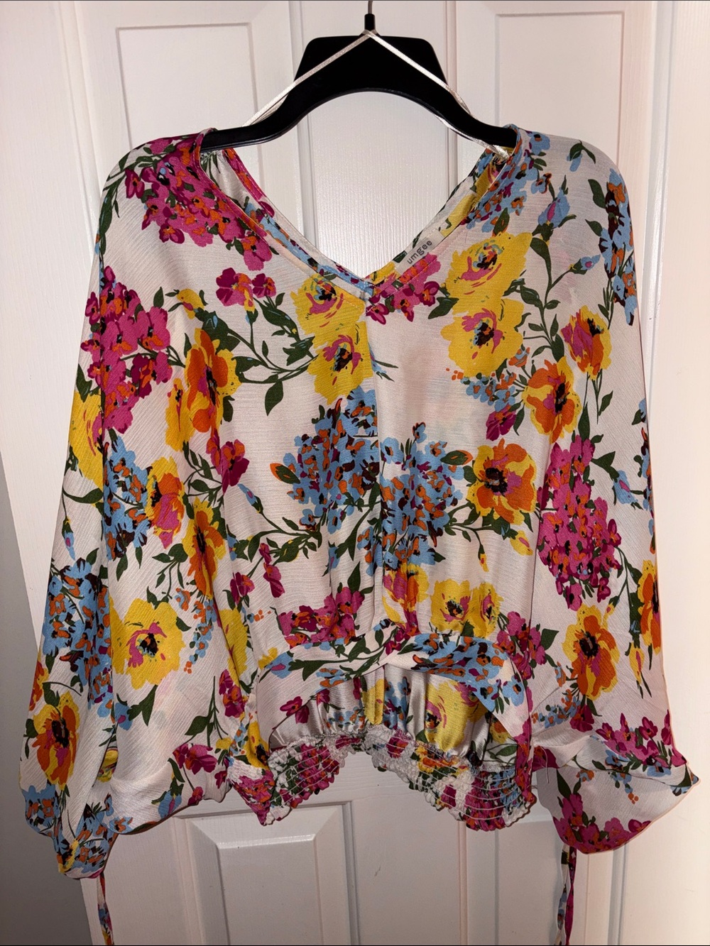 Umgee White V-Neck Floral Blouse with Yellow, Pink & Blue Blooms